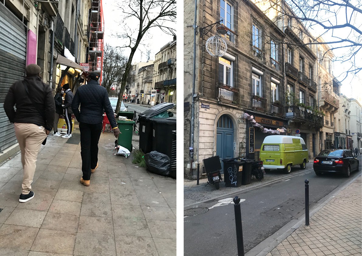 Dans les quartiers populaires comme celui de Saint-Michel (à gauche), les rues sont plus animées, comparé aux rues presque vides et essentiellement résidentielles des Chartrons (à droite).