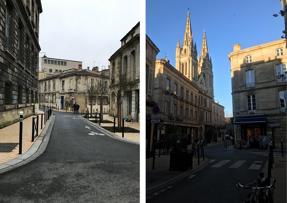 Les bâtiments sont un des symboles de la gentrification. En comparant le quartier gentrifié des Chartrons (à droite) et celui de Saint-Michel, dont certaines parties sont en cours de gentrification (à gauche) on remarque une véritable différence sur l’architecture. Le premier est entièrement rénové, le second est pour l’instant délaissé.